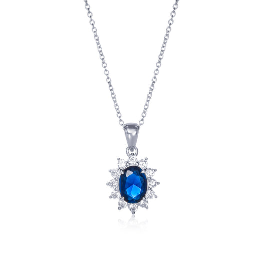 925 Sterling Silver Blue Cubic Zirconia Oval Halo Pendant Necklace