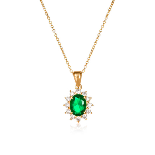 Gold Plated Sterling Silver Green Cubic Zirconia Oval Halo Pendant Necklace