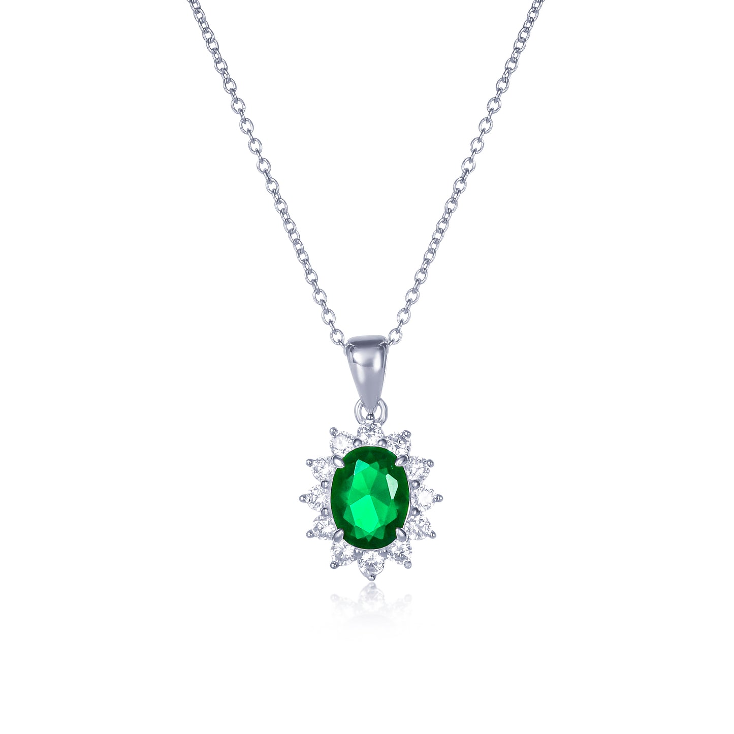925 Sterling Silver Green Cubic Zirconia Oval Halo Pendant Necklace