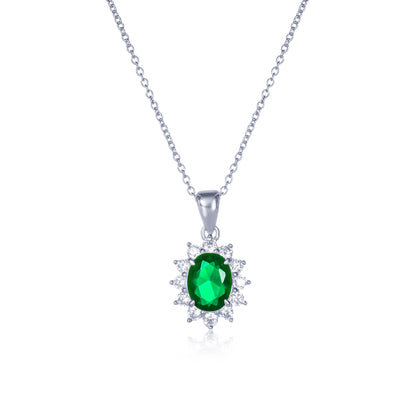 925 Sterling Silver Green Cubic Zirconia Oval Halo Pendant Necklace