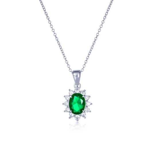 925 Sterling Silver Green Cubic Zirconia Oval Halo Pendant Necklace