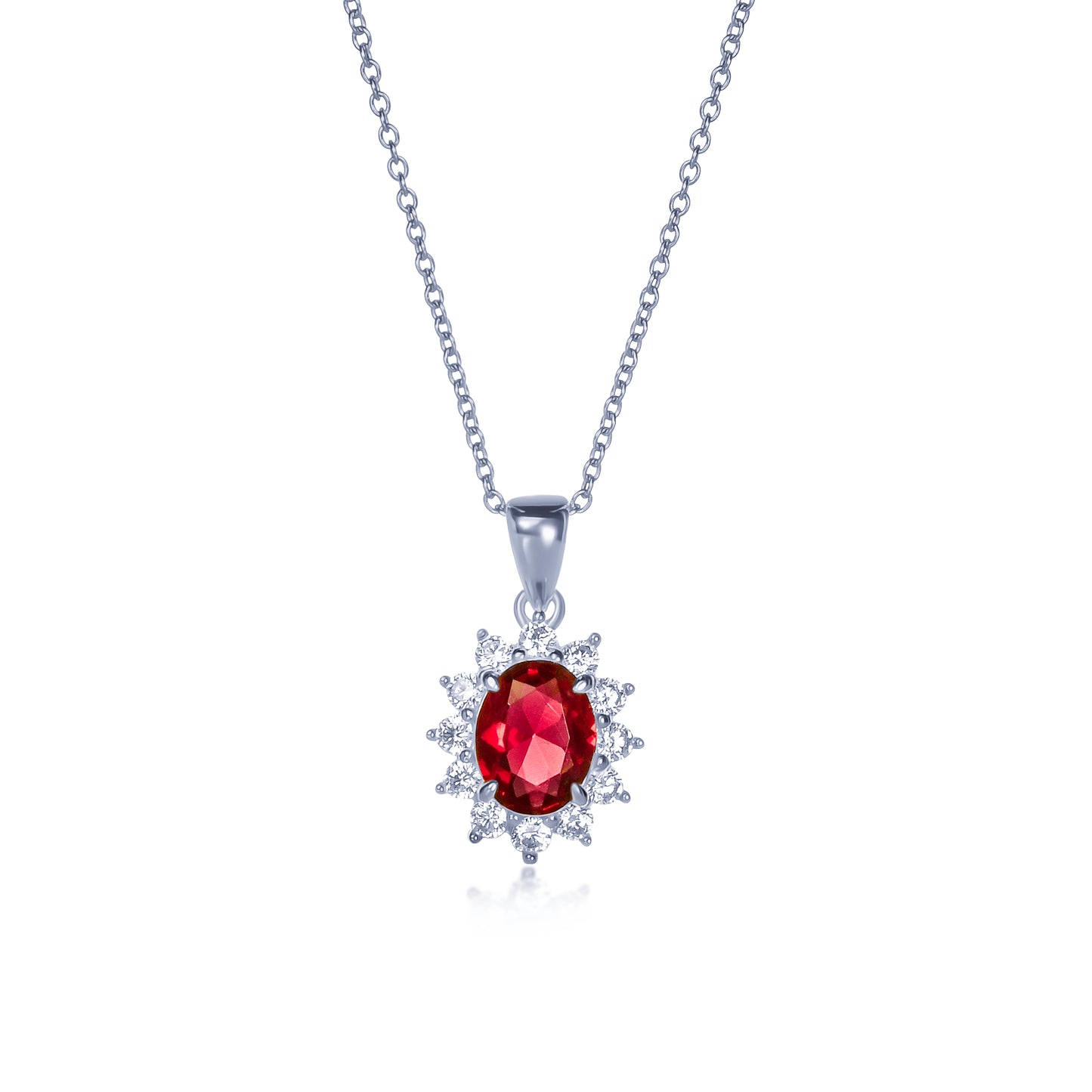 925 Sterling Silver Red Cubic Zirconia Oval Halo Pendant Necklace