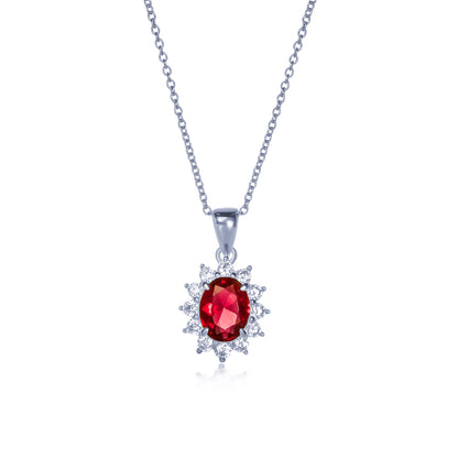925 Sterling Silver Red Cubic Zirconia Oval Halo Pendant Necklace