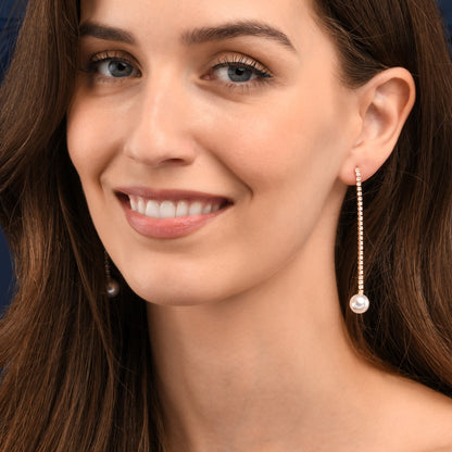 Gold Long Drop Earrings with Pearl and Rhinestone Chain for Women