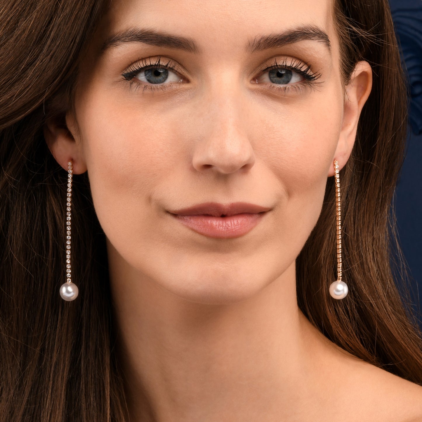 Gold Long Drop Earrings with Pearl and Rhinestone Chain for Women