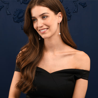 Gold Long Drop Earrings with Pearl and Rhinestone Chain for Women