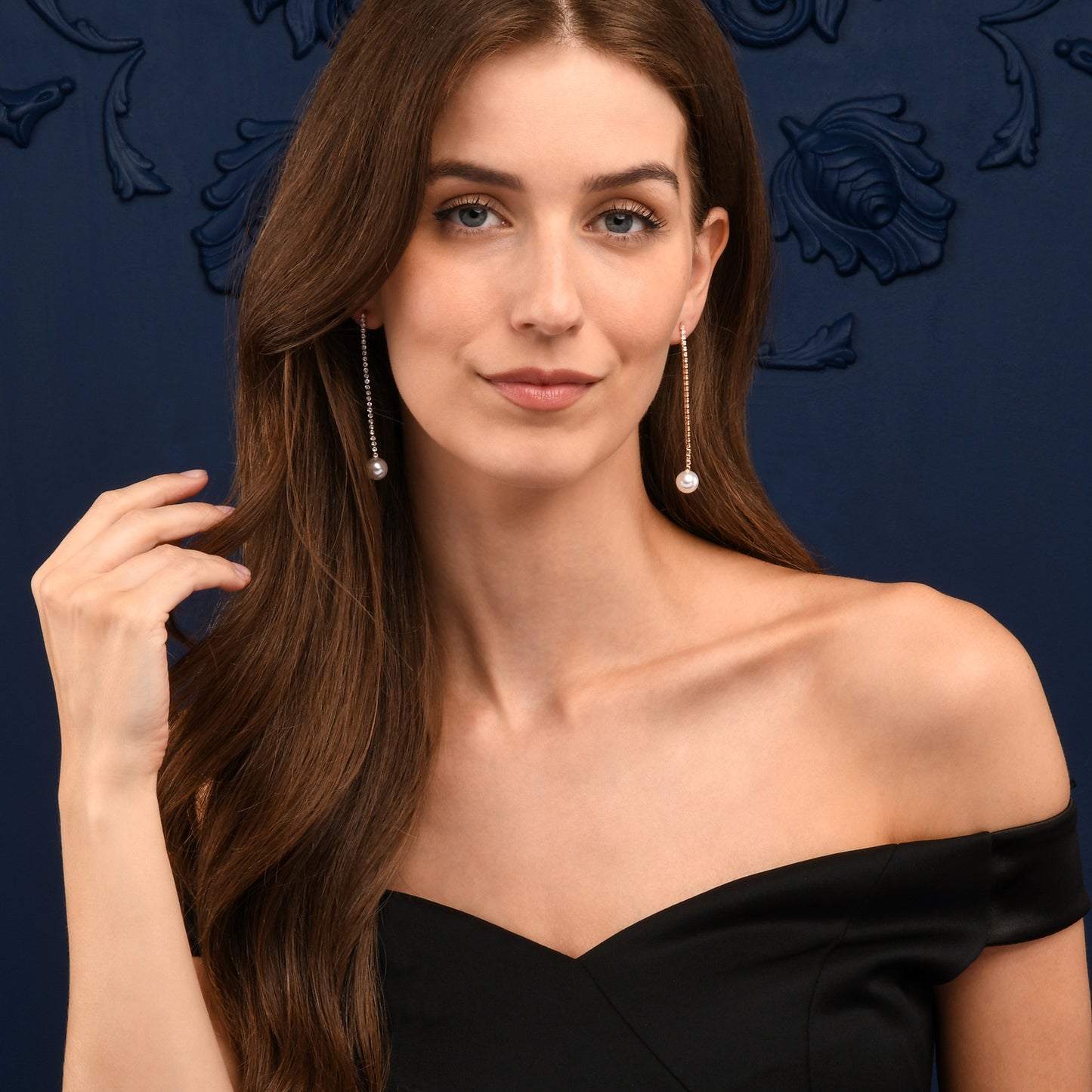 Gold Long Drop Earrings with Pearl and Rhinestone Chain for Women