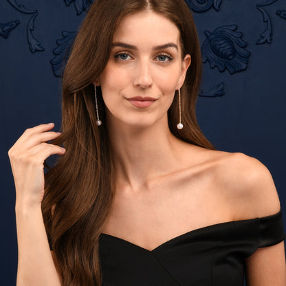 Gold Long Drop Earrings with Pearl and Rhinestone Chain for Women