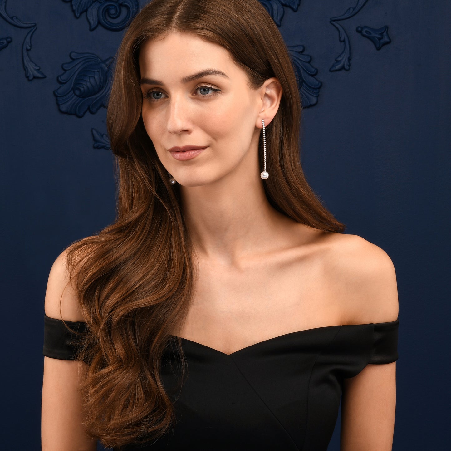 Silver Long Drop Earrings with Pearl and Rhinestone Chain for Women