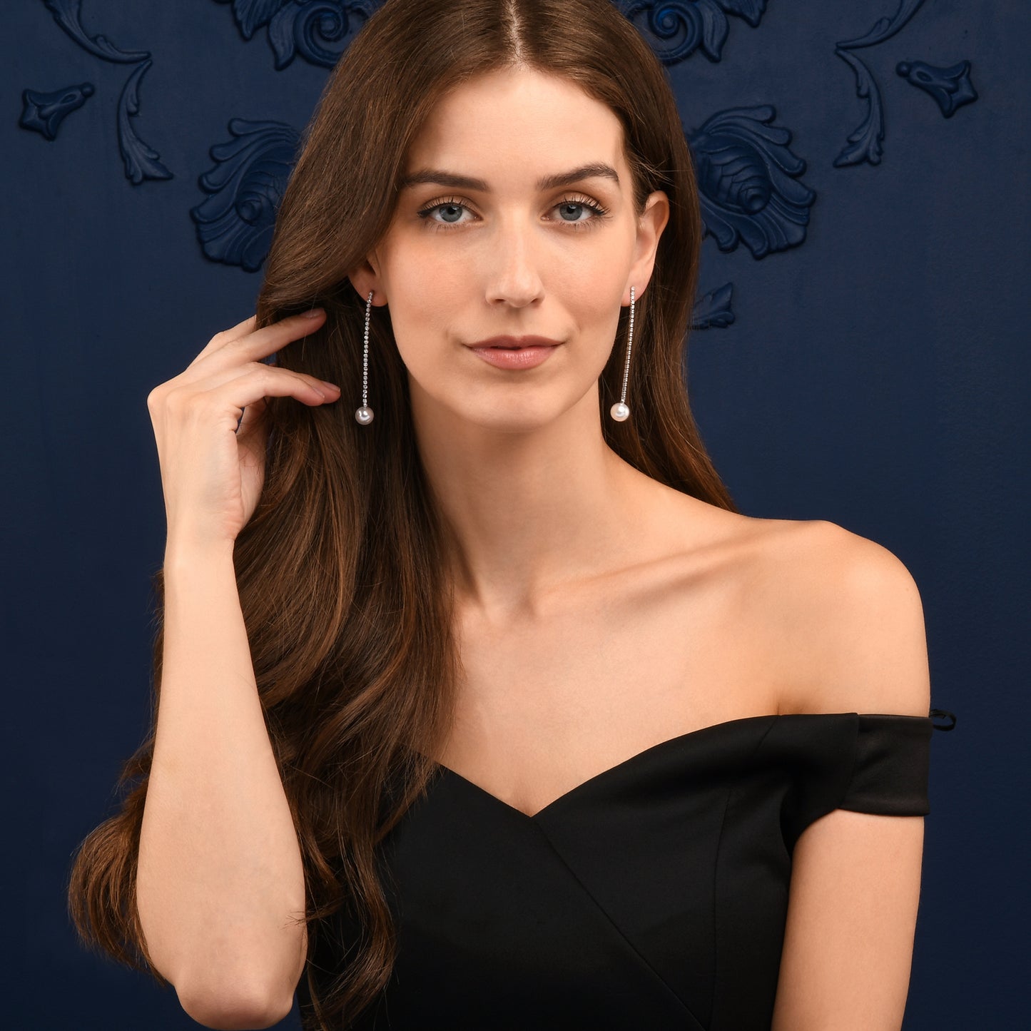 Silver Long Drop Earrings with Pearl and Rhinestone Chain for Women