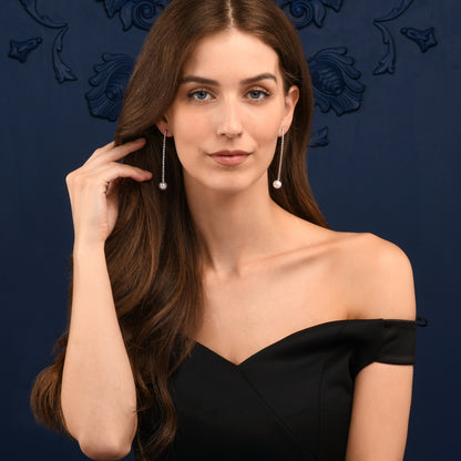 Silver Long Drop Earrings with Pearl and Rhinestone Chain for Women