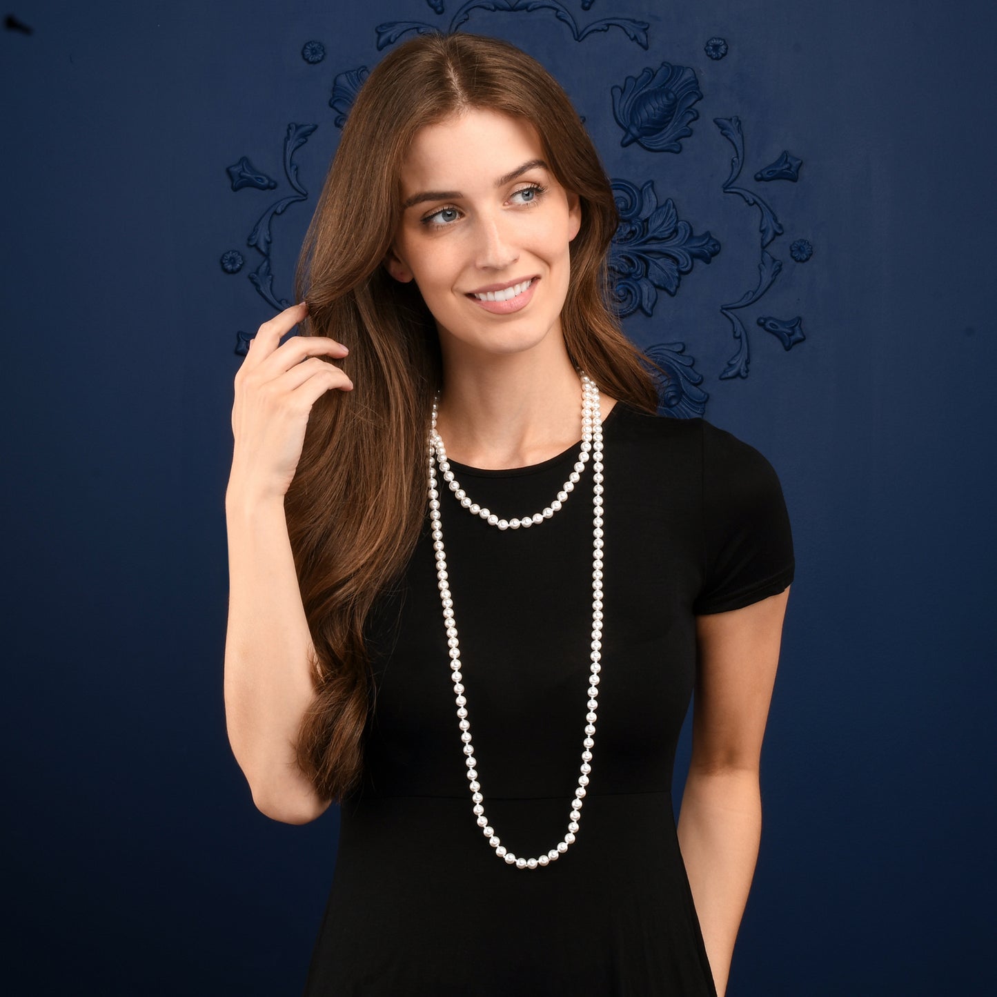 60-inch Extra Long Stylish Pearl Necklace for Women with White Shell Pearls