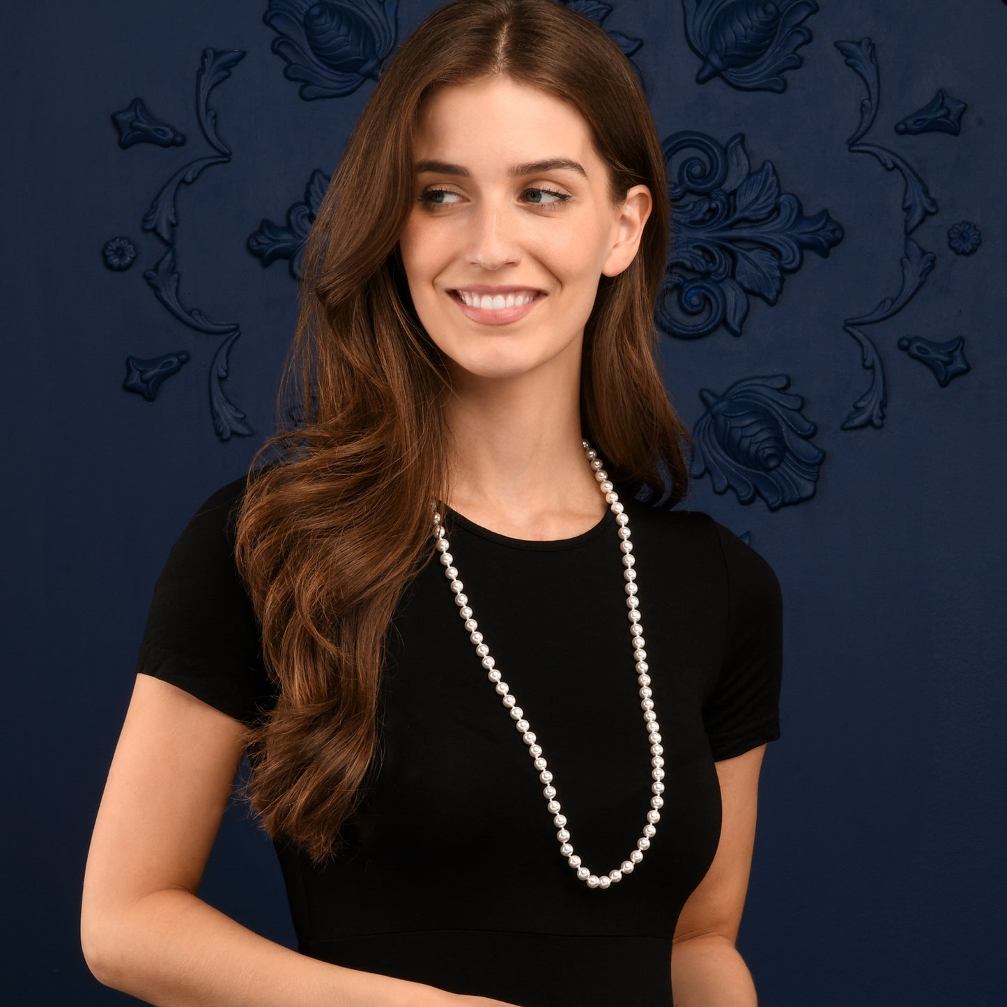 34-inch Long Stylish Pearl Necklace for Women with White Shell Pearls