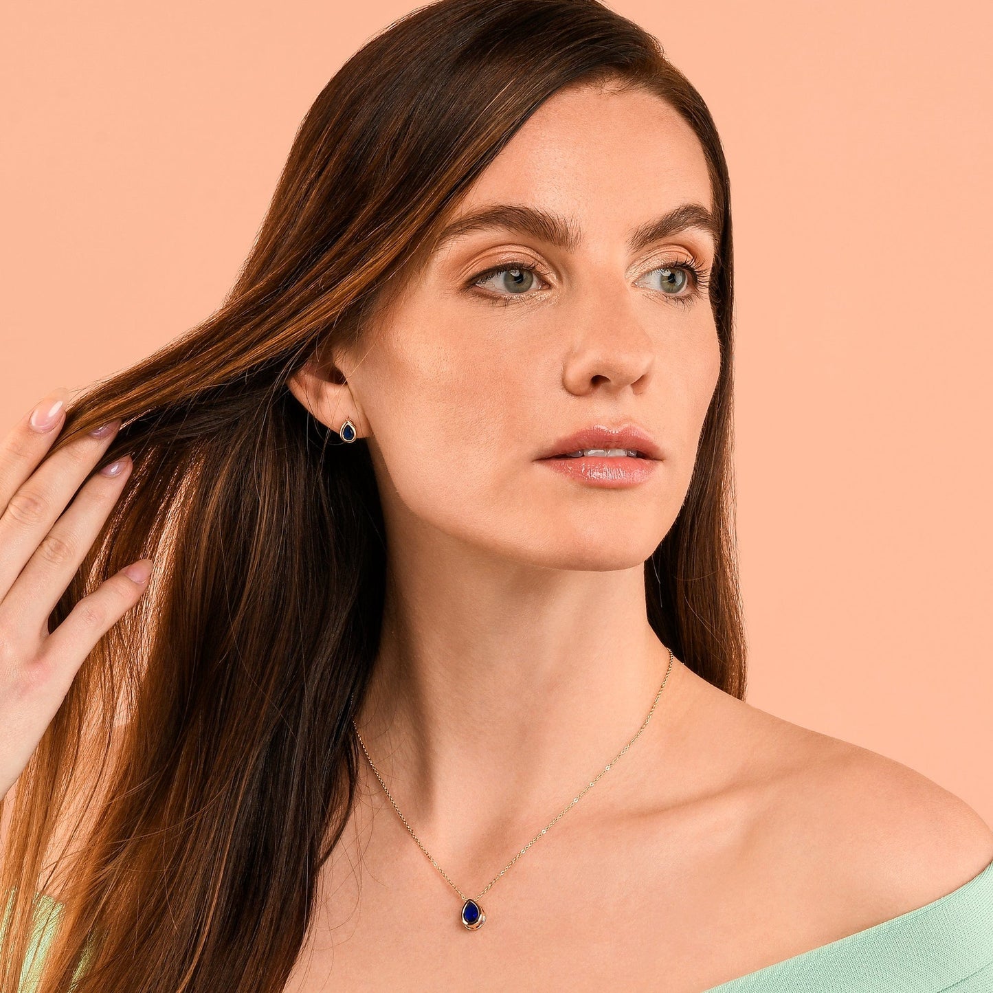 Gold Plated Blue Pear Shaped Pendant Necklace with Blue Cubic Zirconia Stone for Women