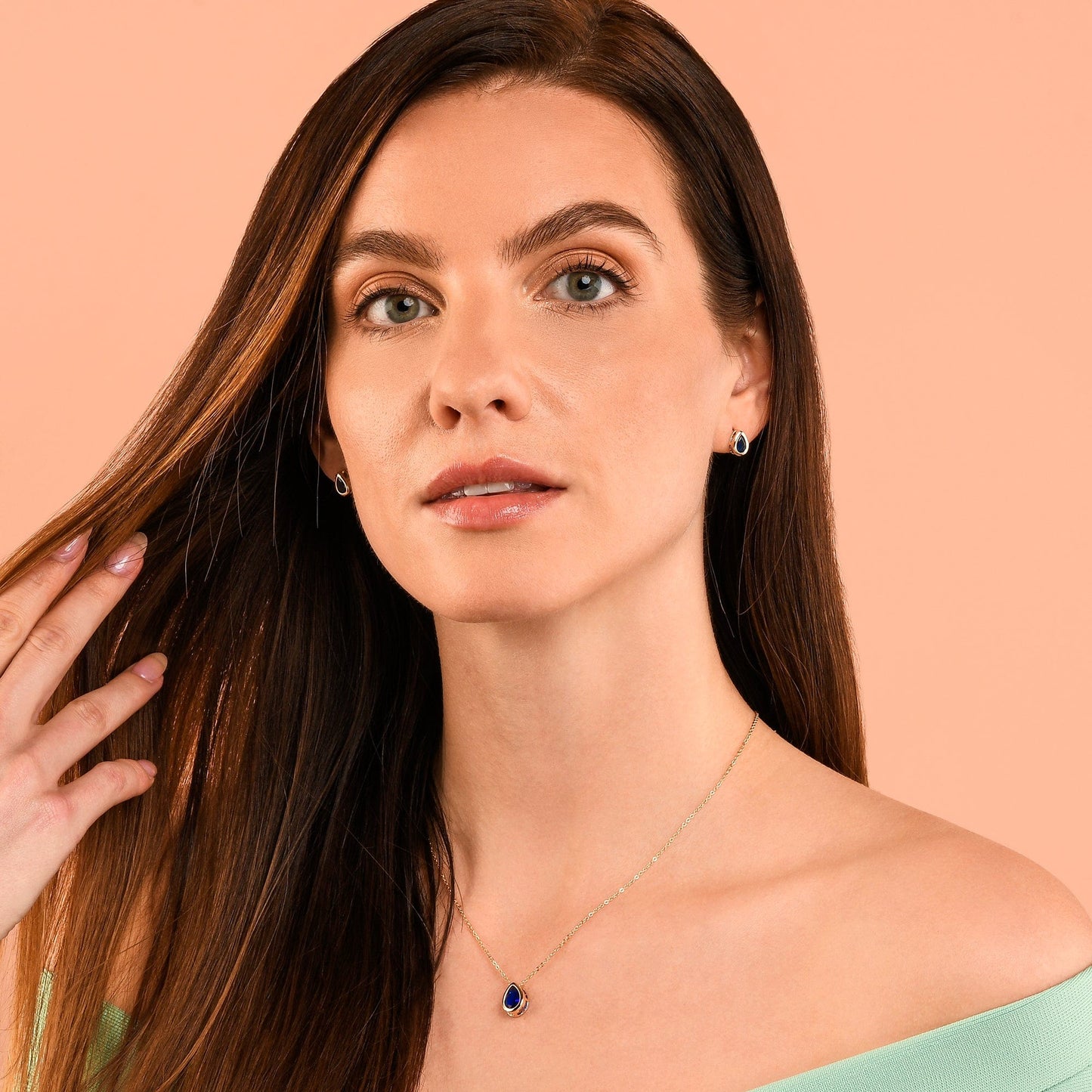 Gold Plated Blue Pear Shaped Pendant Necklace with Blue Cubic Zirconia Stone for Women
