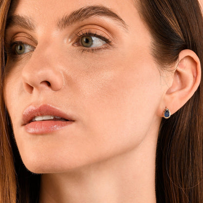Gold Plated Blue Bezel Set Stud Earrings with Pear-Shaped Blue Cubic Zirconia Stones