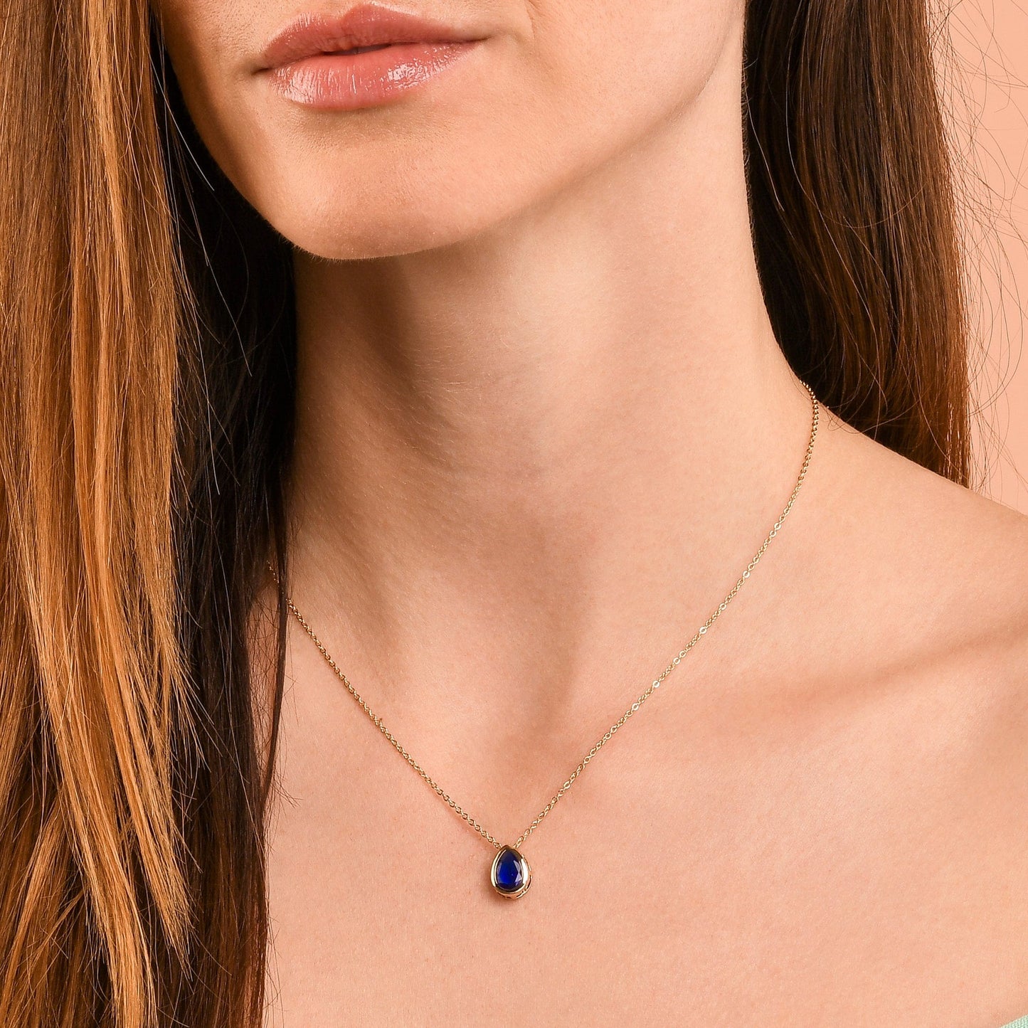 Gold Plated Blue Pear Shaped Pendant Necklace with Blue Cubic Zirconia Stone for Women