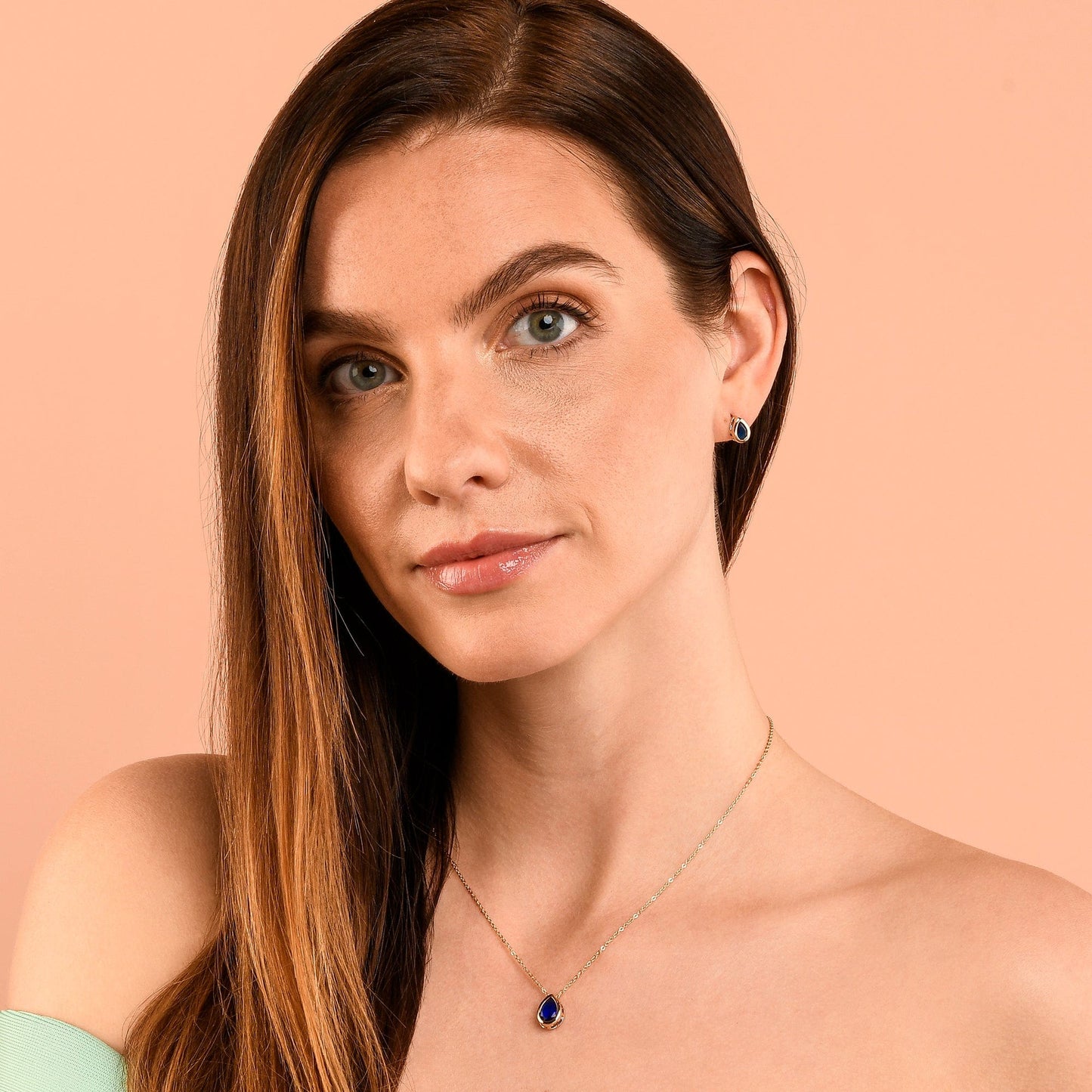 Gold Plated Blue Pear Shaped Pendant Necklace with Blue Cubic Zirconia Stone for Women