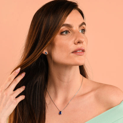 Blue Pear Shaped Silver Pendant Necklace with Blue Cubic Zirconia Stone for Women