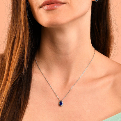 Blue Pear Shaped Silver Pendant Necklace with Blue Cubic Zirconia Stone for Women