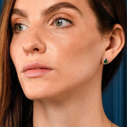 Silver Green Bezel Set Stud Earrings with Pear-Shaped Green Cubic Zirconia Stones