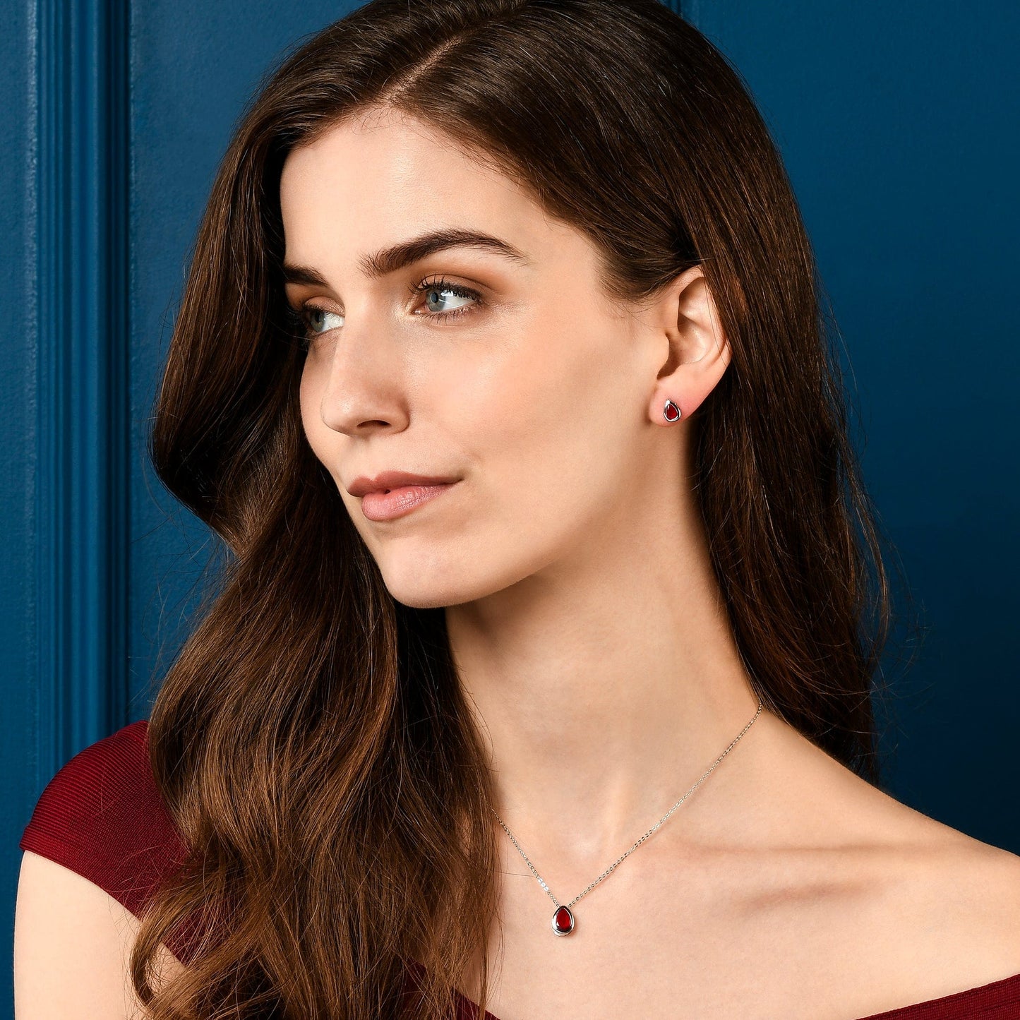Red Pear Shaped Silver Pendant Necklace with Red Cubic Zirconia Stone for Women