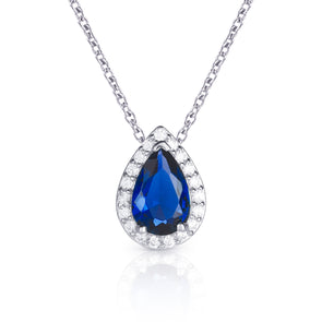 925 Sterling Silver Pear Drop Dark Blue Halo Pendant Necklace for Women