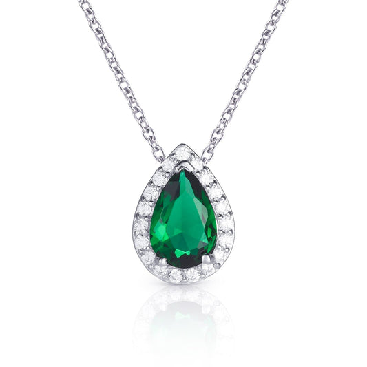 925 Sterling Silver Pear Drop Green Halo Pendant Necklace for Women