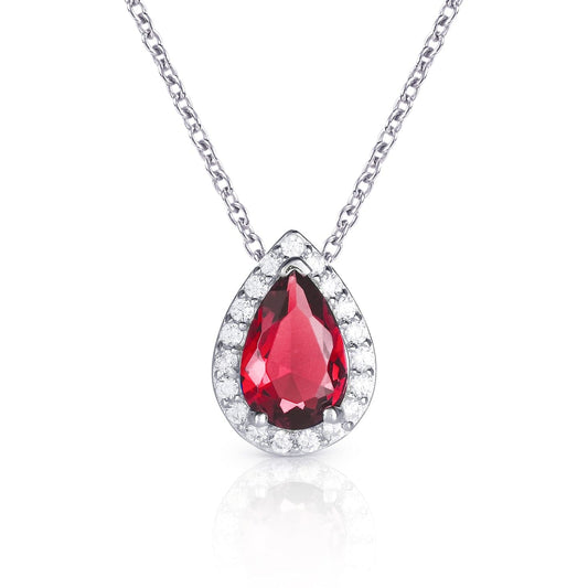 925 Sterling Silver Pear Drop Red Halo Pendant Necklace for Women