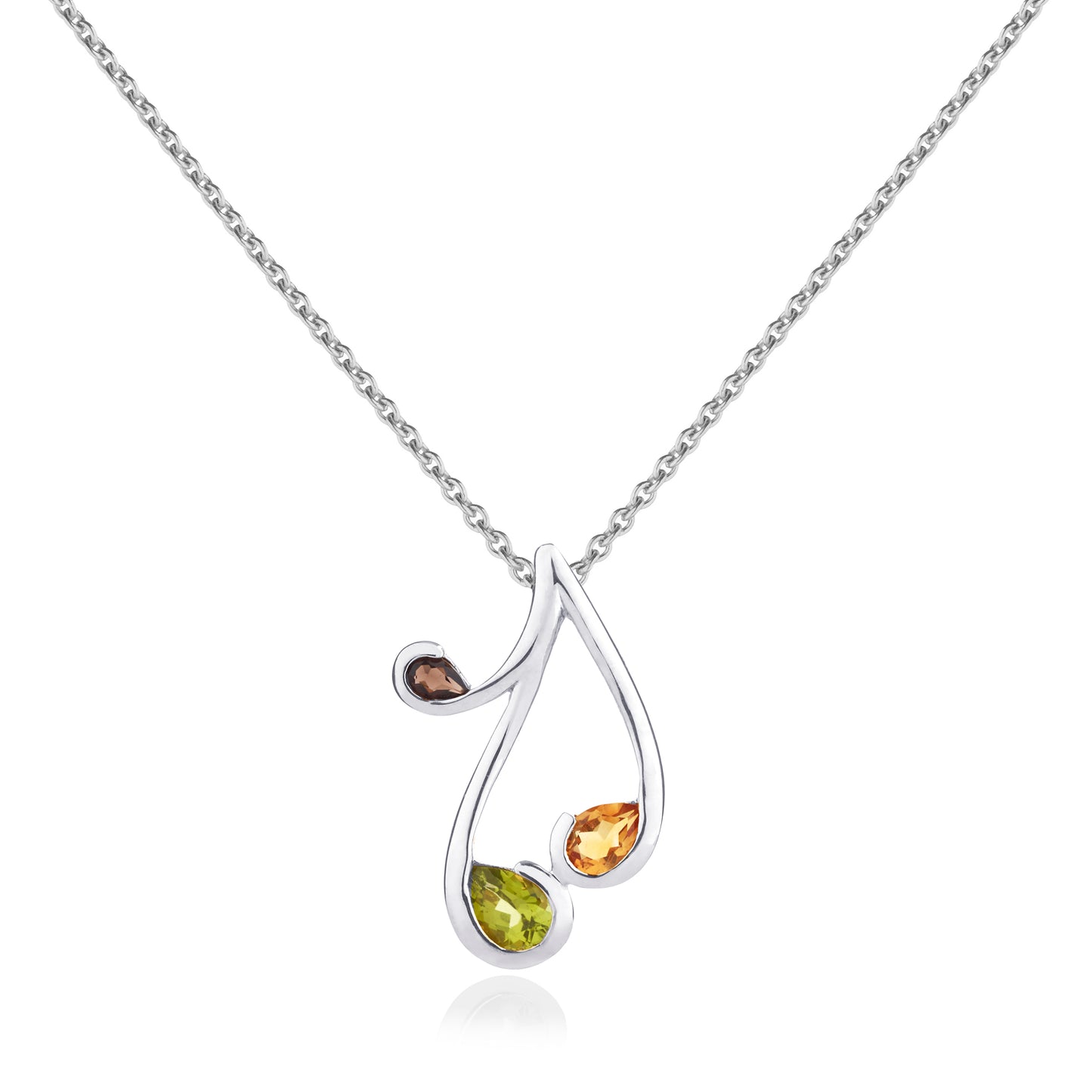 Sterling Silver Pendant Necklace with Natural Peridot, Citrine and Smoky Quartz Gemstones