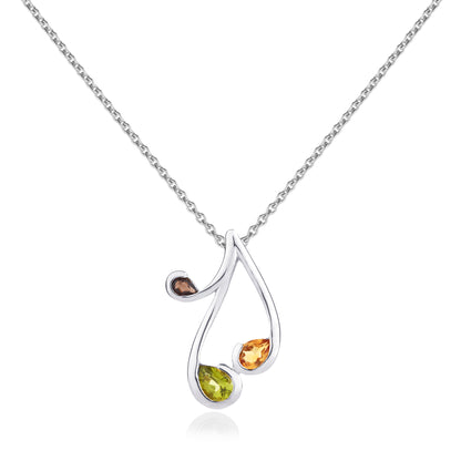 Sterling Silver Pendant Necklace with Natural Peridot, Citrine and Smoky Quartz Gemstones