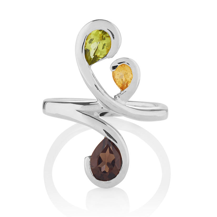 Floral Sterling Silver Ring with Peridot, Citrine and Smoky Quartz Gemstones