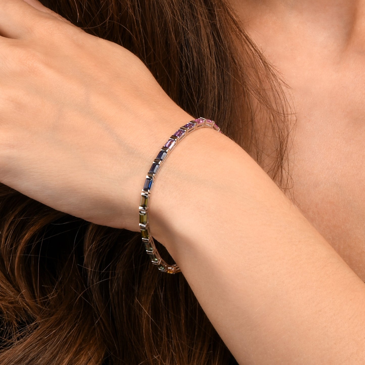 Sterling Silver Tennis Bracelets with Multicoloured Baguette-Cut Stones