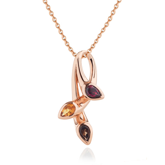 Rose gold Vermeil Pendant Necklace with Natural Smoky Quartz, Citrine, Rhodolite Gemstones