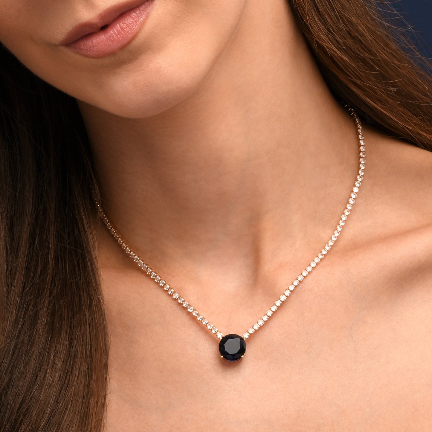 Gold Necklace with a Large Centre Blue Cubic Zirconia Stone