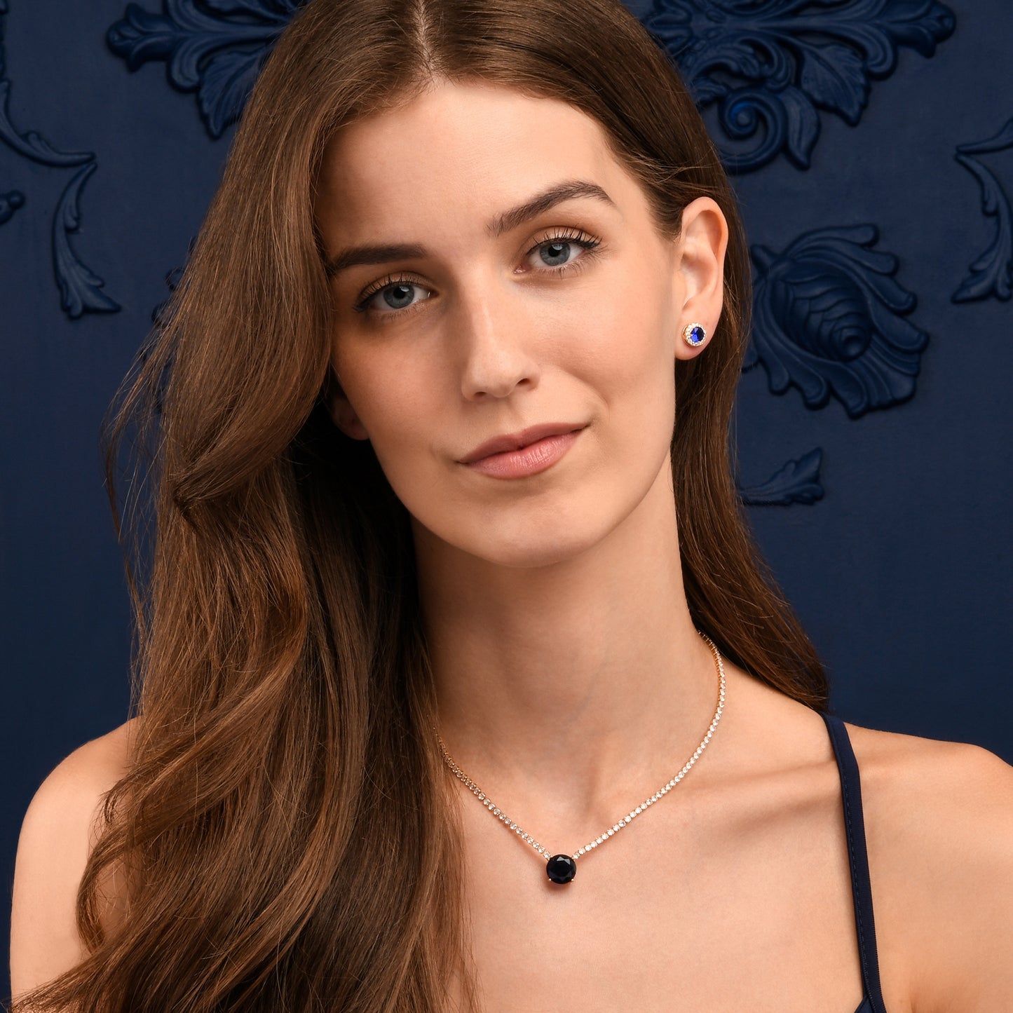 Gold Necklace with a Large Centre Blue Cubic Zirconia Stone