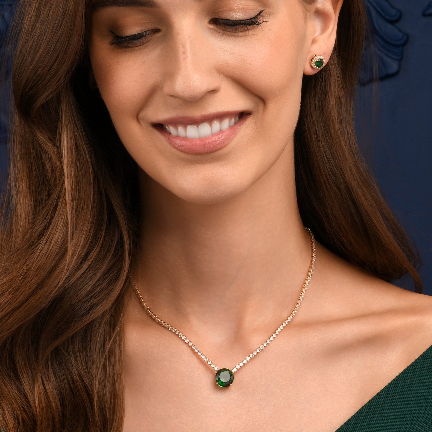 Gold Necklace with a Large Centre Green Cubic Zirconia Stone