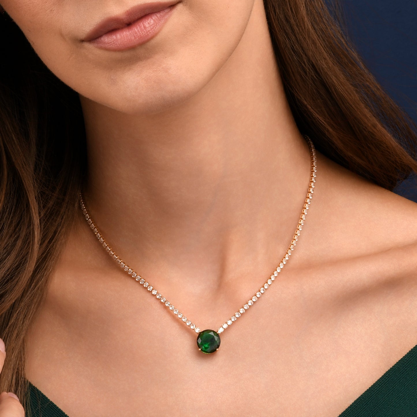Gold Necklace with a Large Centre Green Cubic Zirconia Stone