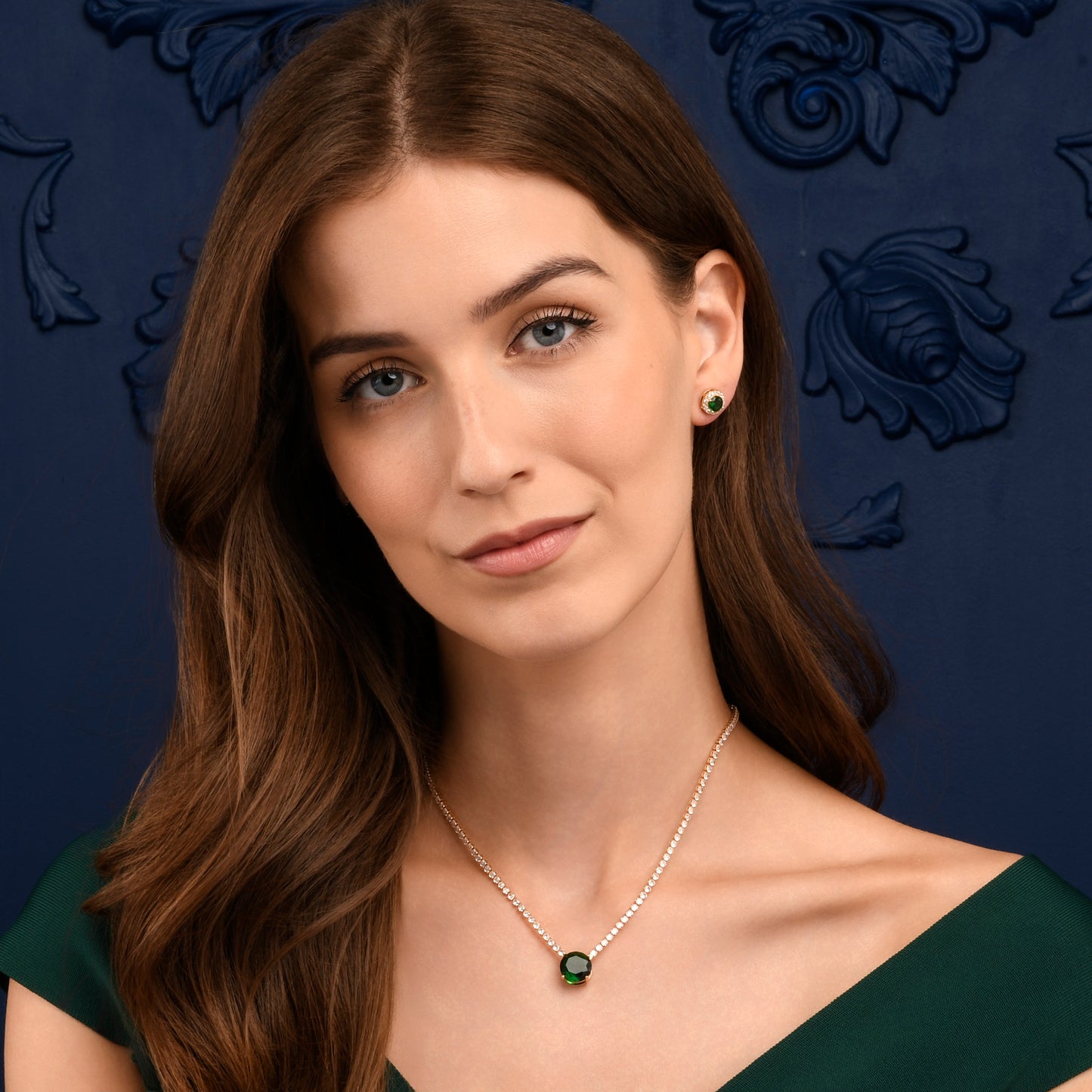 Gold Necklace with a Large Centre Green Cubic Zirconia Stone