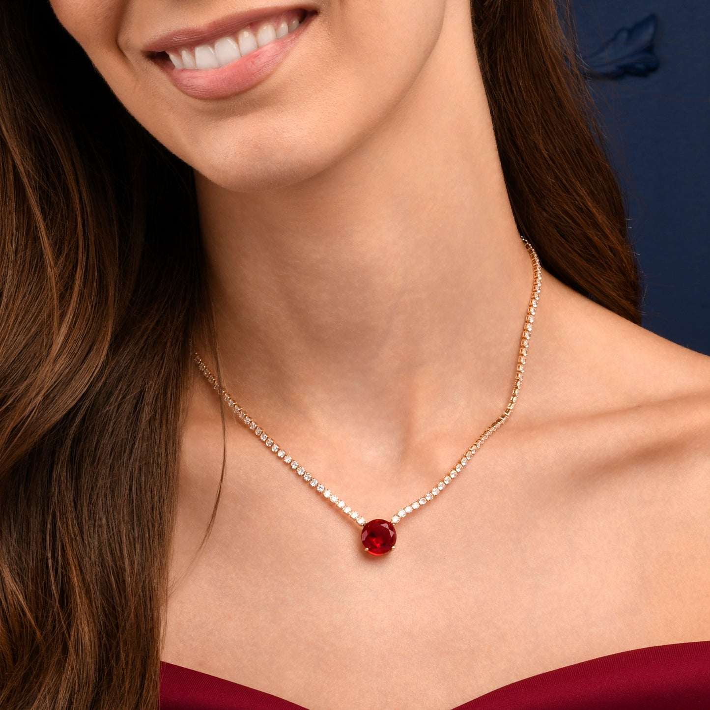Gold Necklace with a Large Centre Red Cubic Zirconia Stone