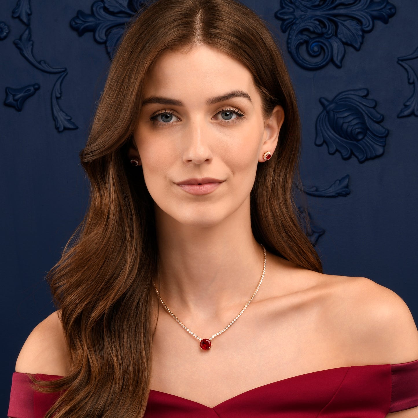 Gold Necklace with a Large Centre Red Cubic Zirconia Stone