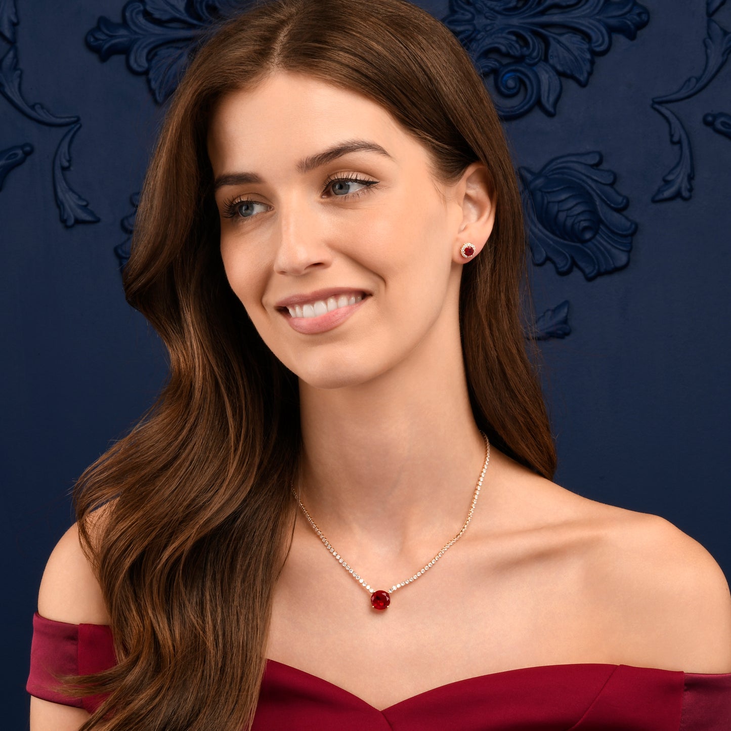 Gold Necklace with a Large Centre Red Cubic Zirconia Stone