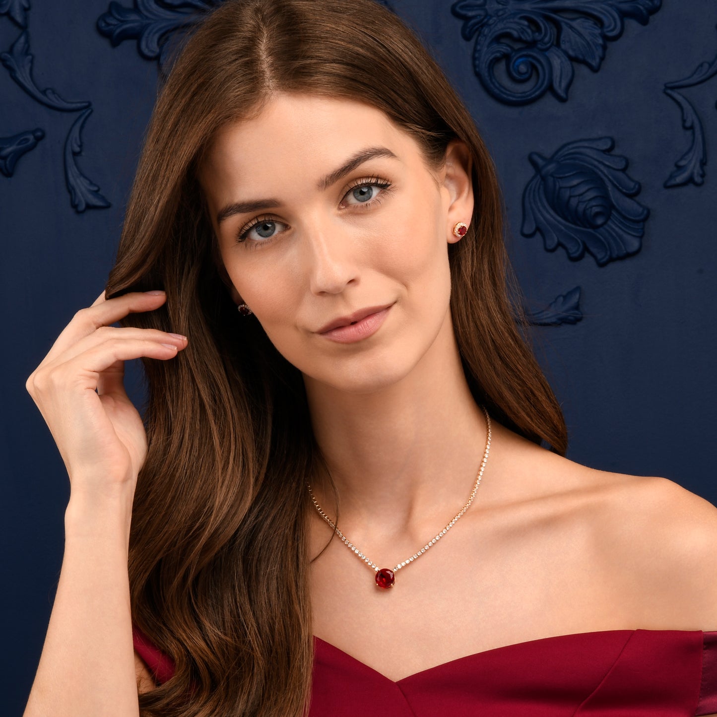 Gold Necklace with a Large Centre Red Cubic Zirconia Stone