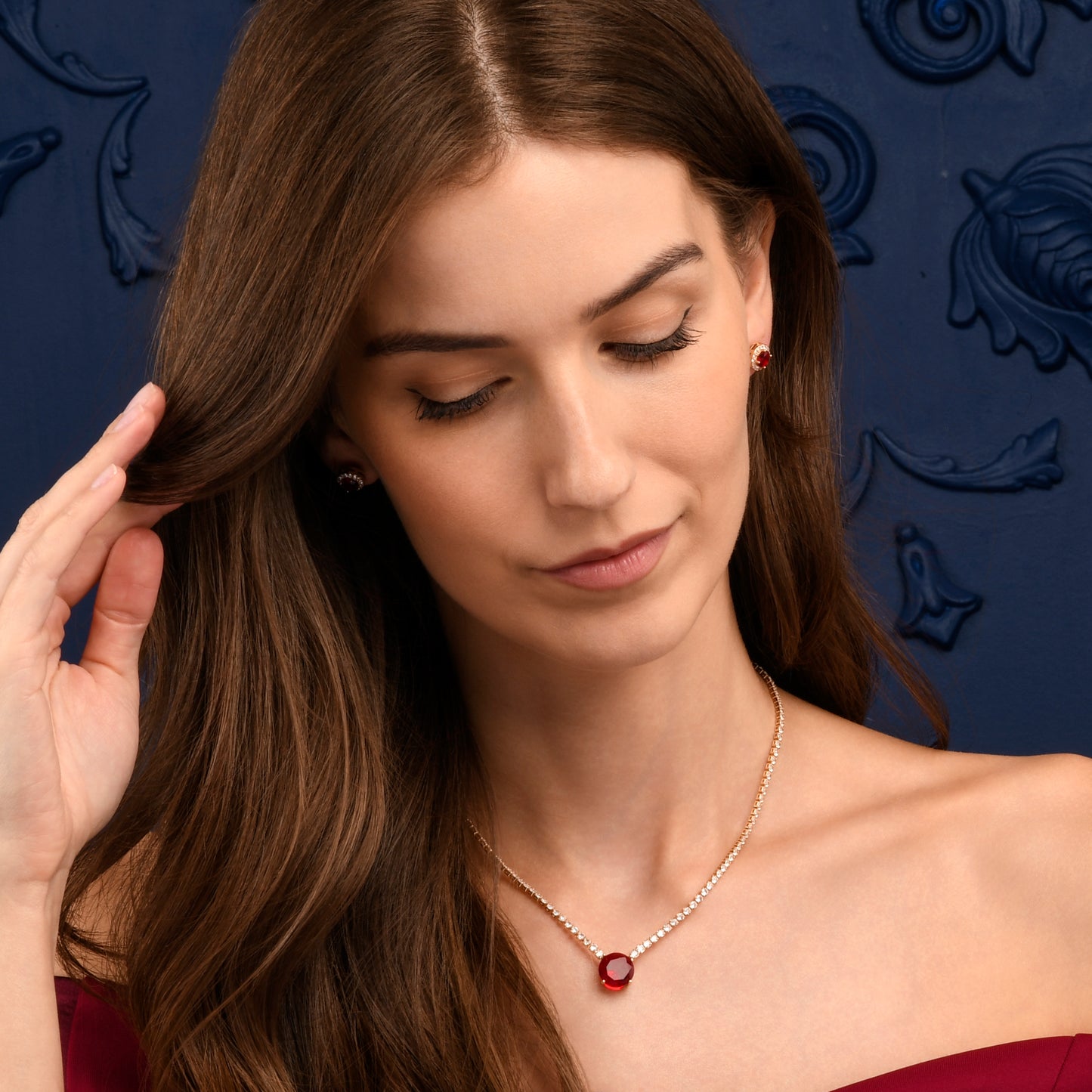 Gold Necklace with a Large Centre Red Cubic Zirconia Stone