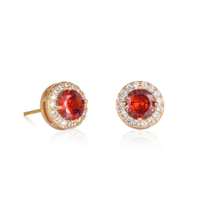 Gold Plated Classic Round Red Halo Stud Earrings with Cubic Zirconia For Women