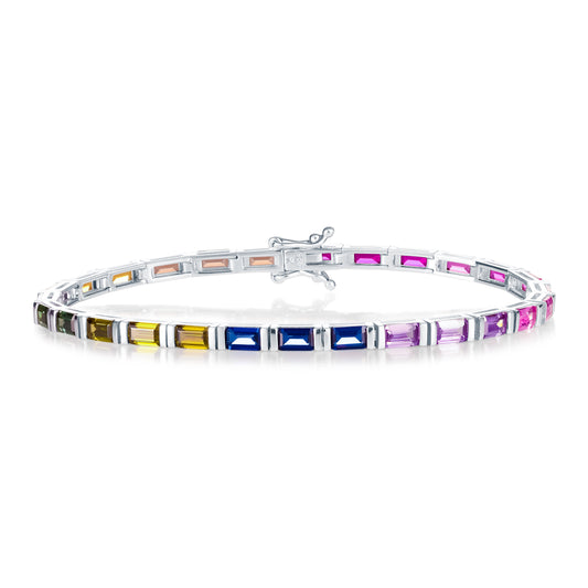 Sterling Silver Tennis Bracelets with Multicoloured Baguette-Cut Stones
