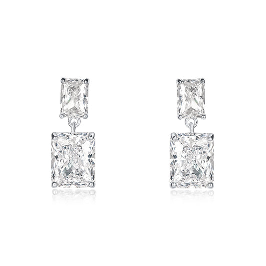 925 Sterling Silver Double Rectangle Cubic Zirconia Dangle Earrings