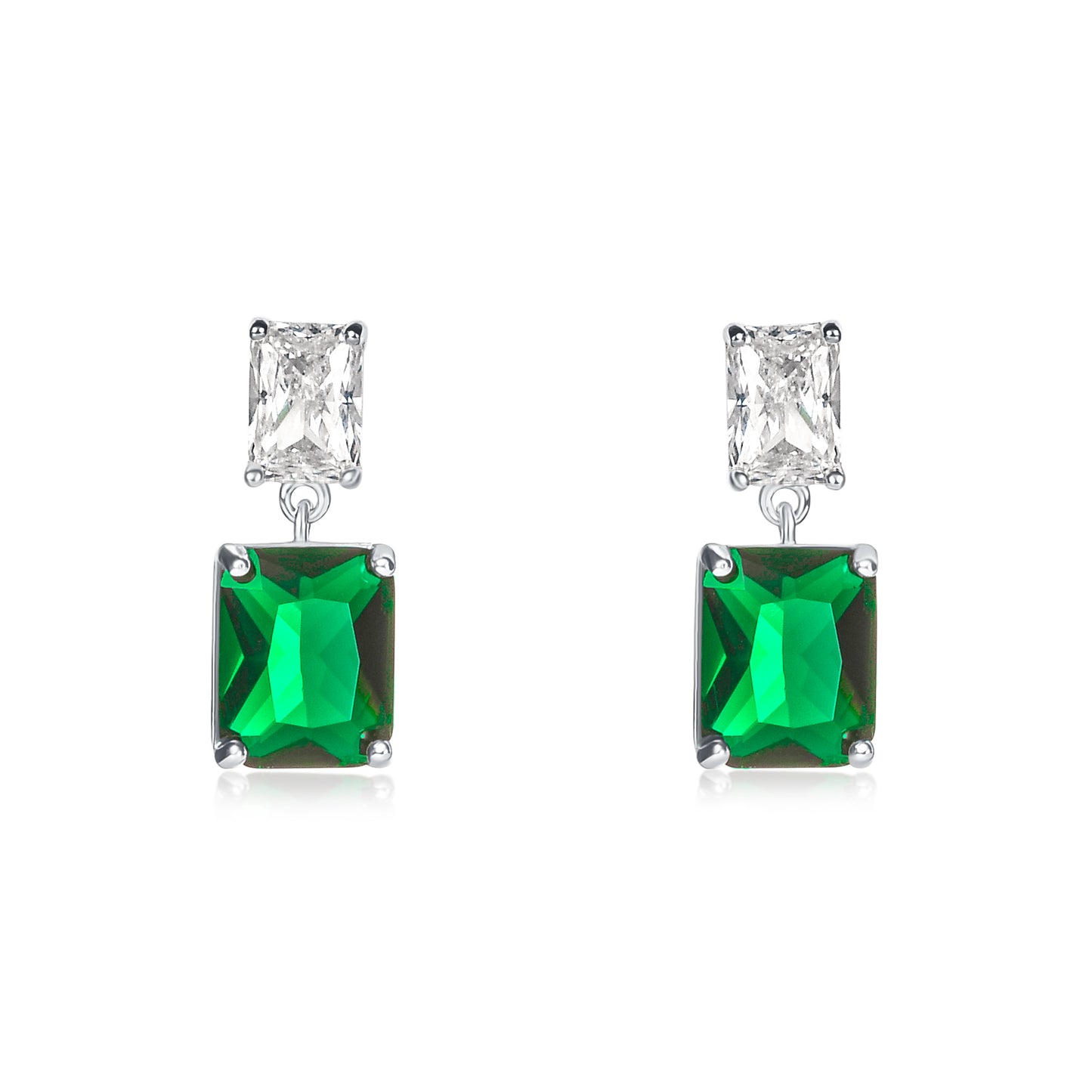 Green 925 Sterling Silver Double Rectangle Cubic Zirconia Dangle Earrings