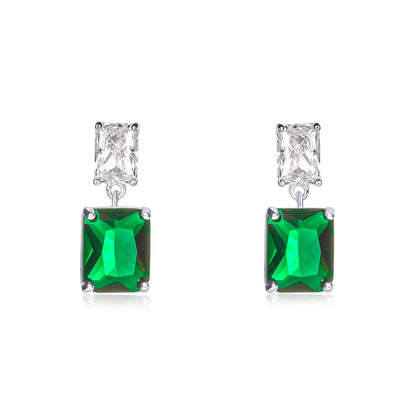 Green 925 Sterling Silver Double Rectangle Cubic Zirconia Dangle Earrings