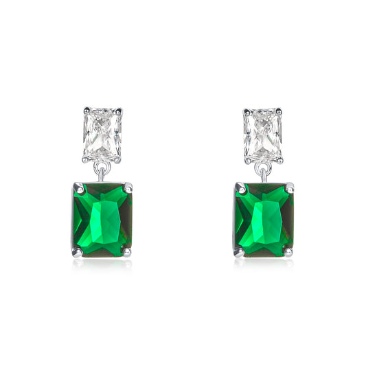 Green 925 Sterling Silver Double Rectangle Cubic Zirconia Dangle Earrings